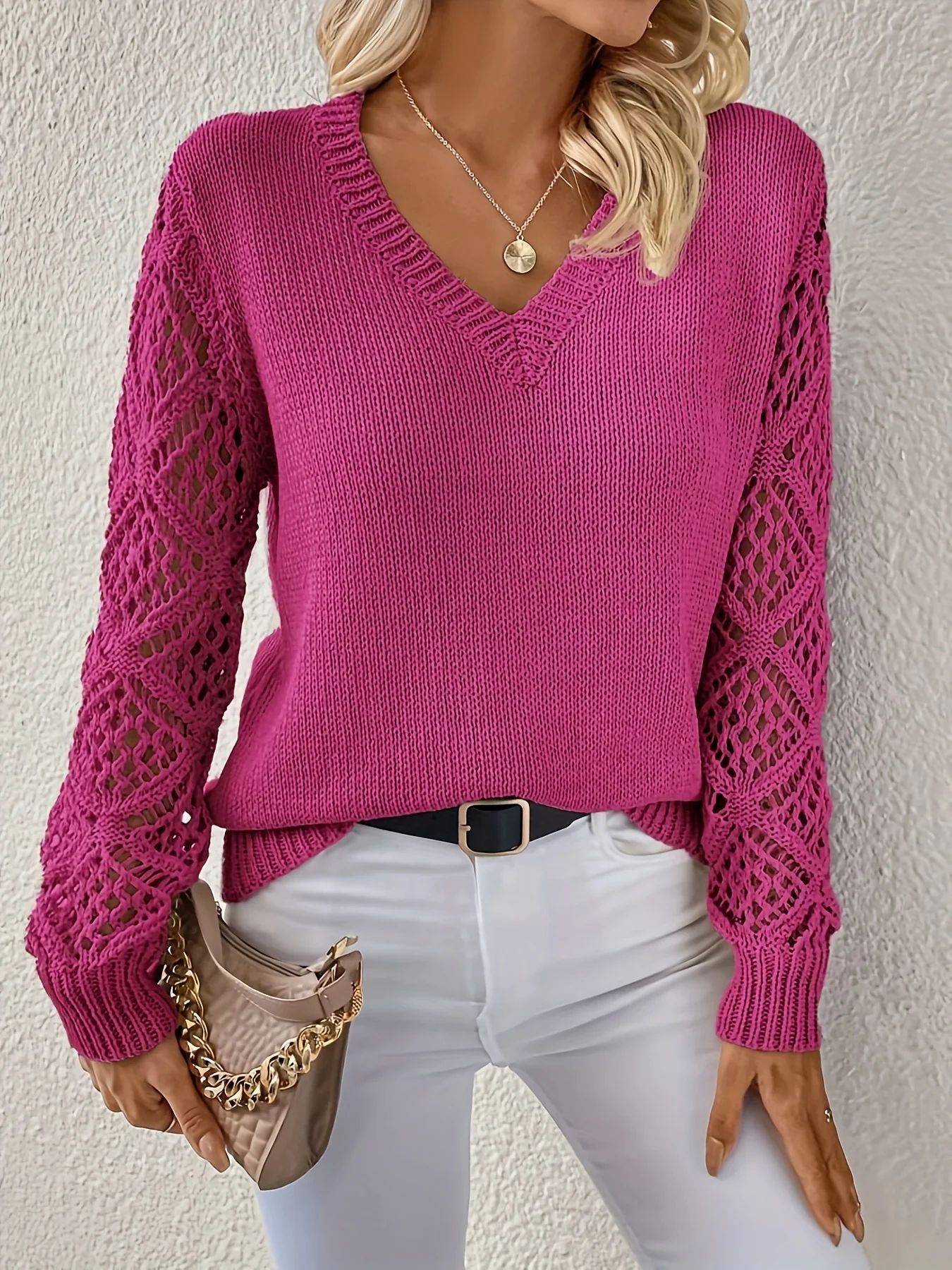 Spring and Autumn Outerwear Hollow-out Knit Sweater Women's Pullover Long Sleeve Crochet Jacquard Loose V-neck Base Top Cross-border - Image 25