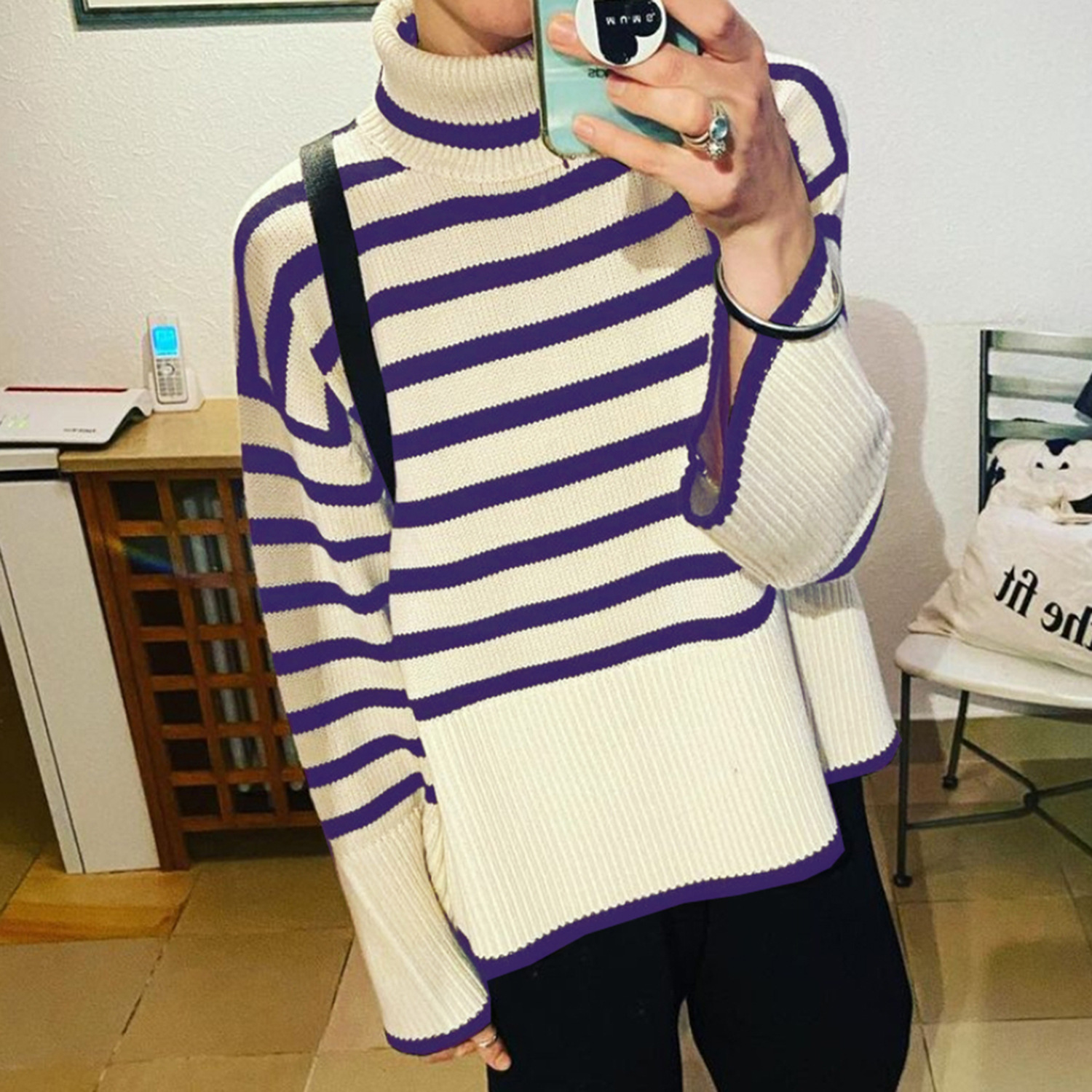 2021 cross-border autumn and winter new AliExpress Amazon popular women's high-neck knitted striped slit sweater top - Image 8