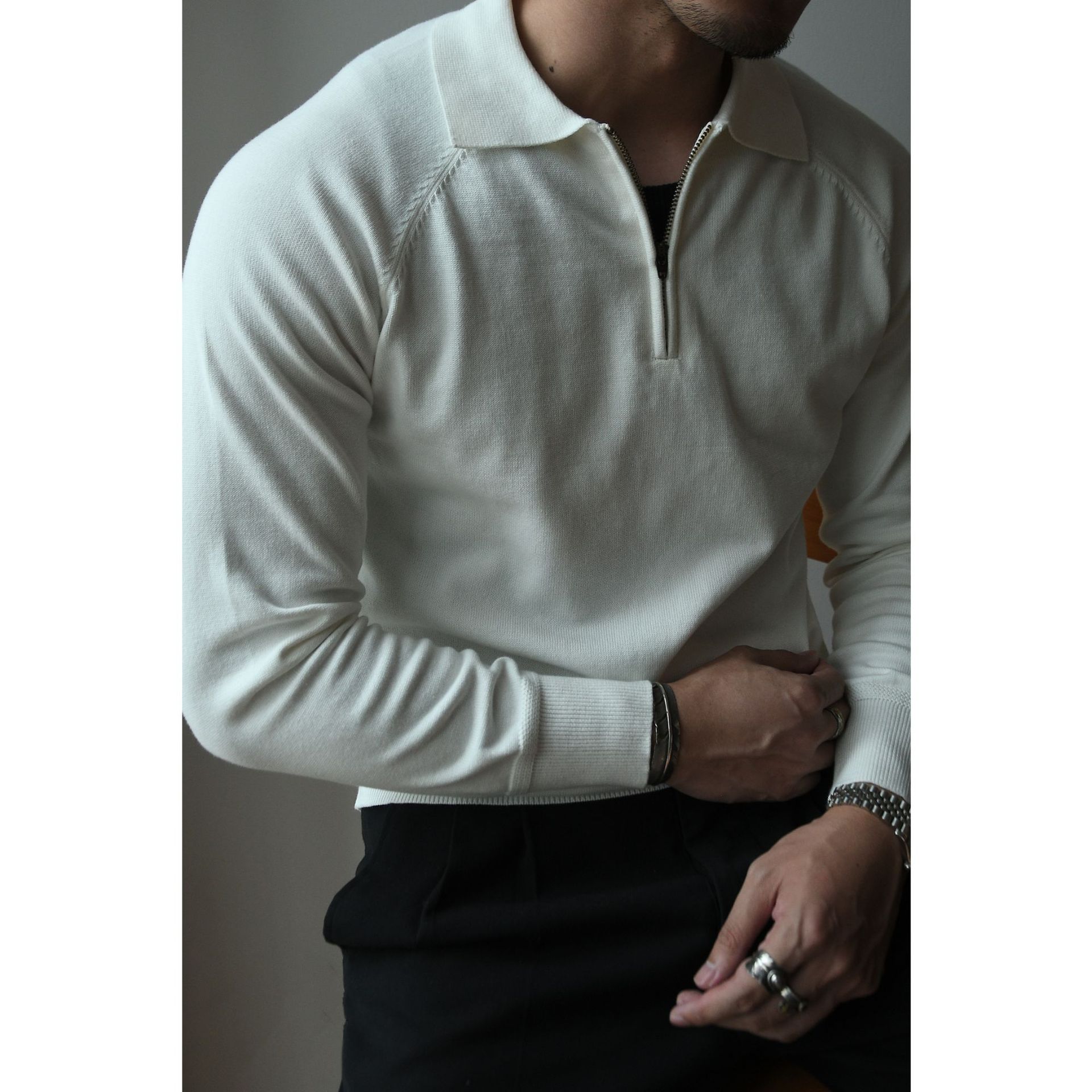 2023 Autumn and Winter Half-High Zipper Knitted Long-Sleeved Polo Shirt American Retro Business Casual Commuting T-shirt Linear Men's - Image 6