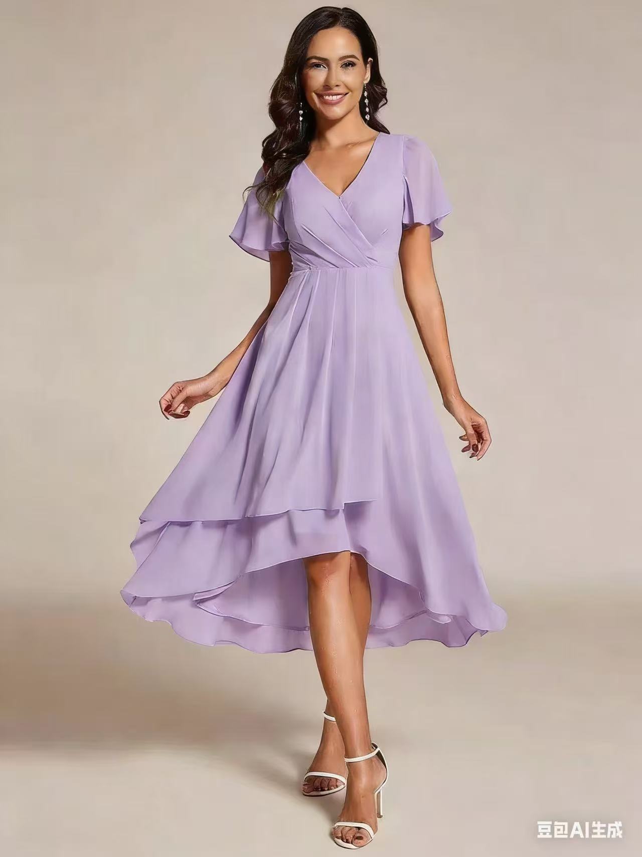 2025 Hot Selling New European and American Cross-border Summer Solid Color V-neck Ruffle Sleeve Chiffon Elegant Party Dress - Image 18