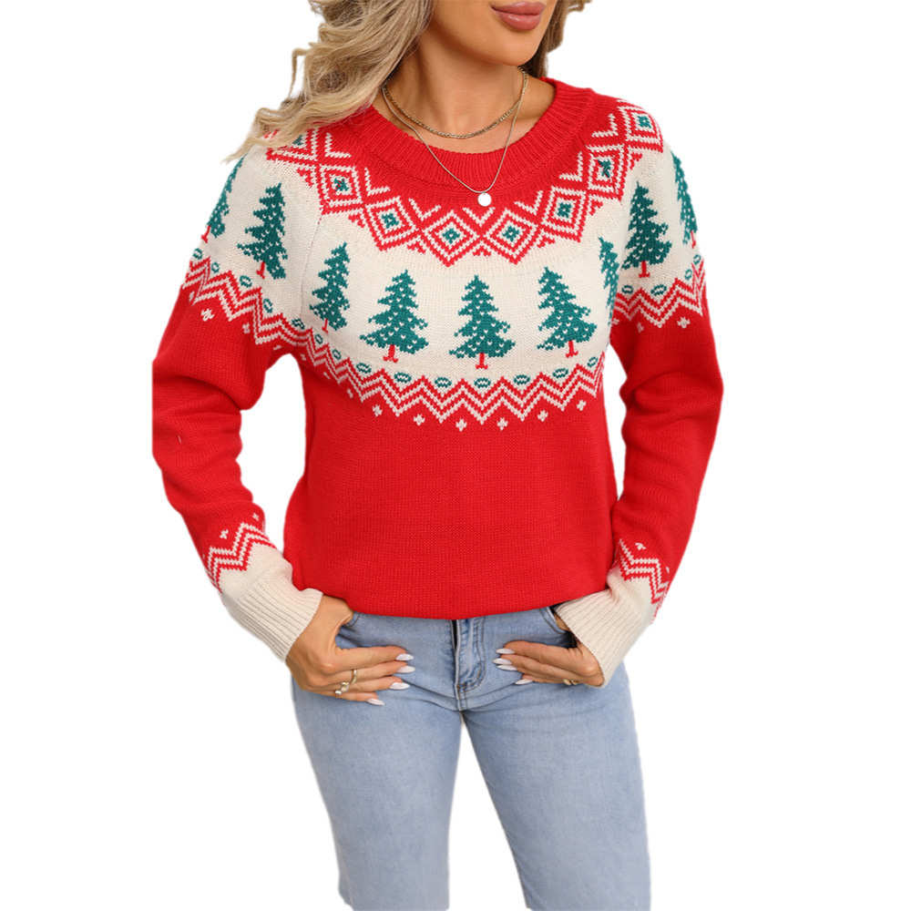 2025 Cross-border Clothing Spot Jacquard Women's Christmas Tree Pullover Knitted Christmas Sweater Casual Loose Long-sleeved Top