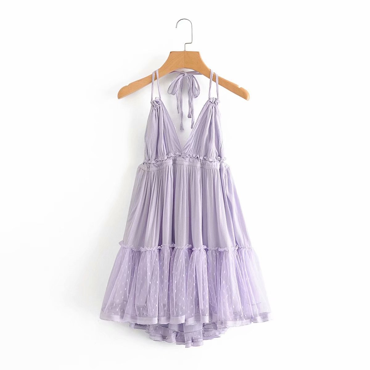 Foreign Trade 2022 Summer New European and American V-neck Waist Slim Hem Mesh Stitching Backless Suspender Dress Women - Image 2
