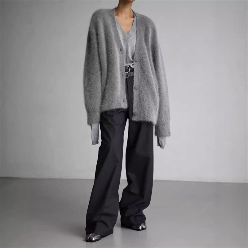 2025 Cross-border European and American Foreign Trade Faux Mink Fur Knitted Cardigan Women's Lazy Style Loose Soft V-neck Sweater Coat - Image 11
