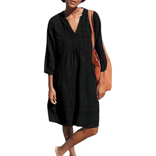 2023 Spring European and American New Jacquard Cotton and Linen Dress Amazon Hot Item V-neck Casual Loose Pocket Dress - Image 4
