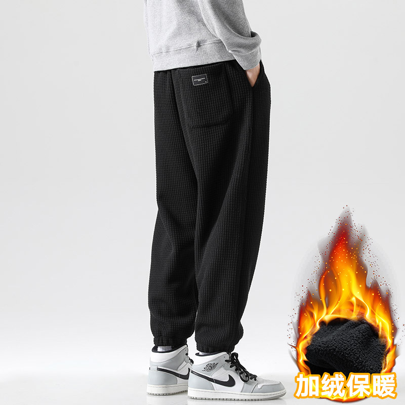 Guochao men's fleece straight-legged trousers middle-aged and young men's warm sports pants waffle thick elastic trousers tide - Image 6