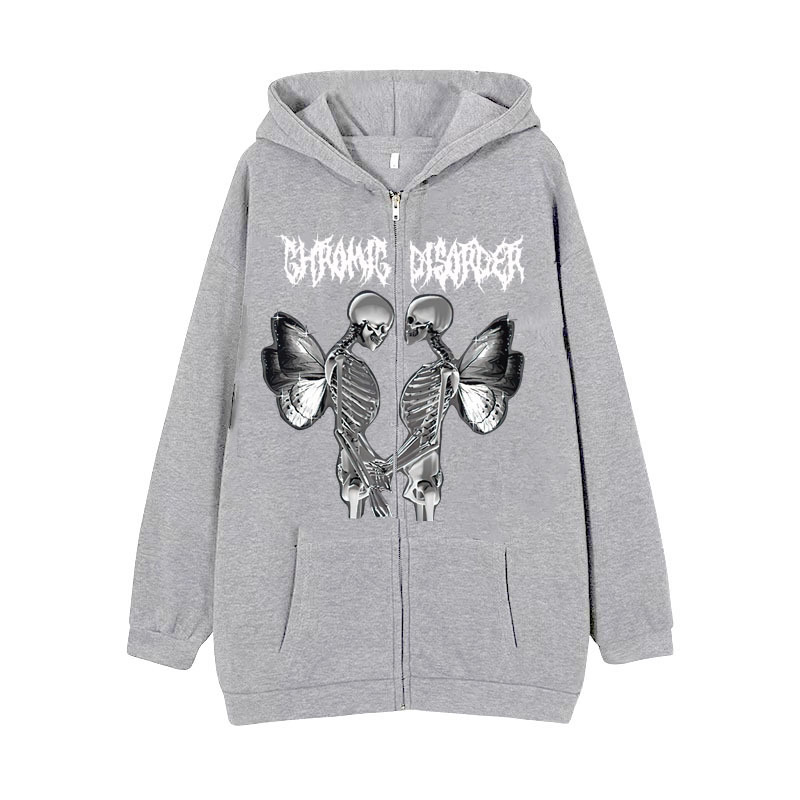 New arrival Skull Wings Hooded Zipper Sweatshirt Women Korean Style Plus Velvet Thickened Loose Sports Cardigan Sweatshirt Women - Image 27