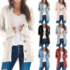 2025 Autumn/Winter New Amazon Women's Clothing European and American Casual Cardigan Jacket Solid Color Cable Knit Button Cardigan Sweater