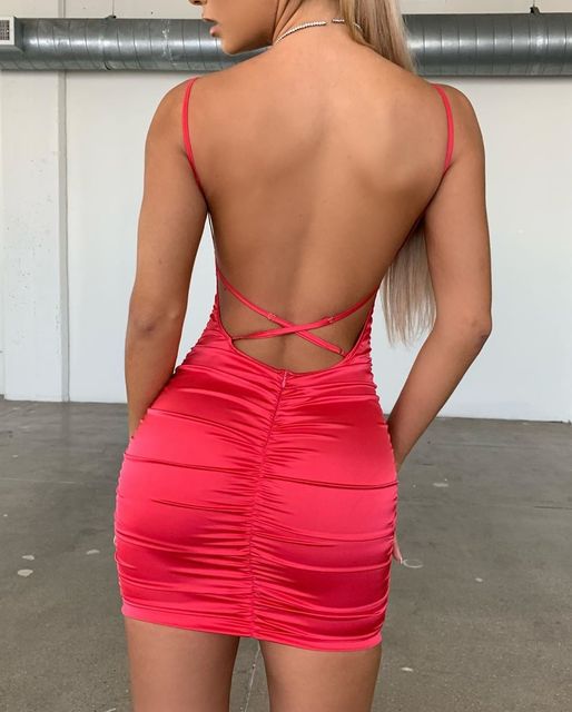 2021 European station cross-border satin new solid color suspenders sexy backless strappy hip dress evening dress - Image 6