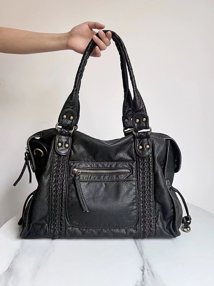 French retro motorcycle bag shoulder messenger bag tote bag large bag women's large capacity bag washed bag soft leather bag European - Image 3