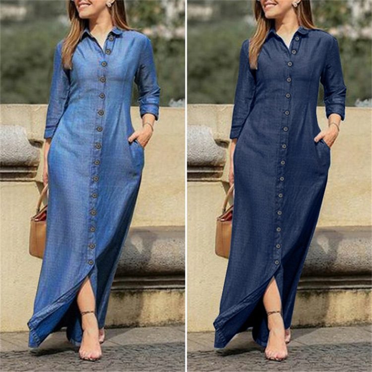2022 European and American autumn women's clothing temperament elegant fashion neutral style long-sleeved lapel cardigan solid color long denim skirt - Image 2