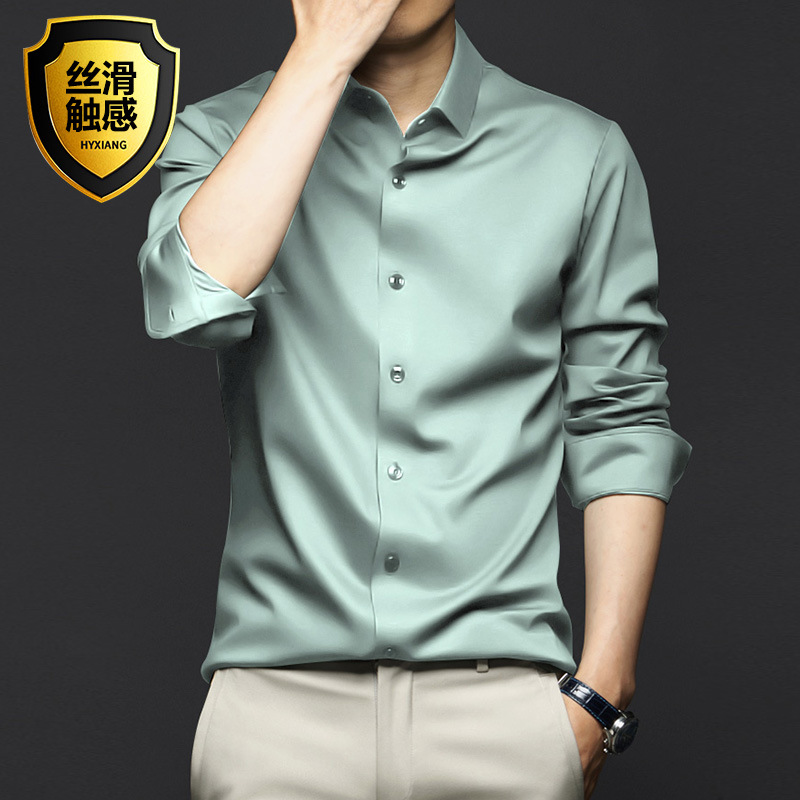 Spring and summer men's long-sleeved shirt anti-wrinkle and non-ironing professional formal wear trendy business high-end ice silk shirt black inch shirt - Image 5