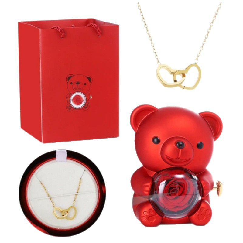 Engraved double heart rotating bear rose jewelry box, cuddly bear preserved flower gift box, rose necklace gift box - Image 5