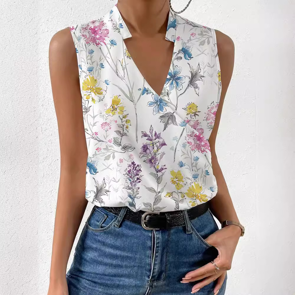2025 Summer New Women's Printed V-Neck Top/Shirt with European and American French Design for Foreign Trade and Cross-Border Trade