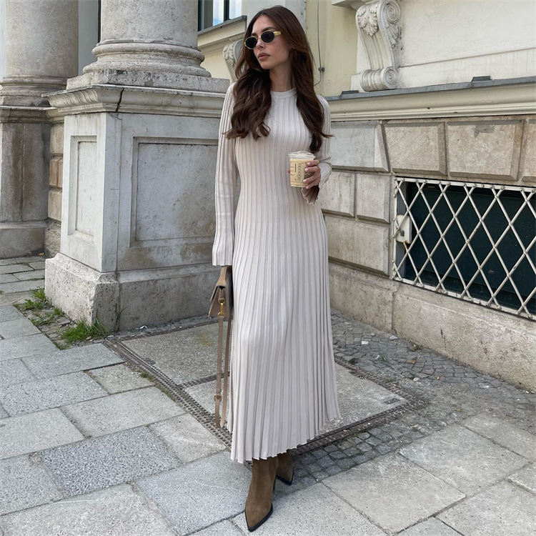 Long-sleeved round neck tight knitted long skirt 2023 new autumn sweater skirt pit solid color bottoming European and American dress - Image 10