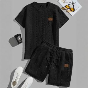 Cross-border European and American style men's solid color patchwork design overseas style summer 2025 knitted casual ribbed short-sleeved two-piece set