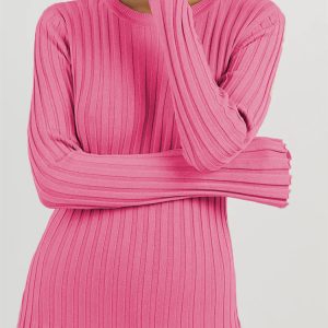 Long-sleeved round neck tight knitted long skirt 2023 new autumn sweater skirt pit solid color bottoming European and American dress