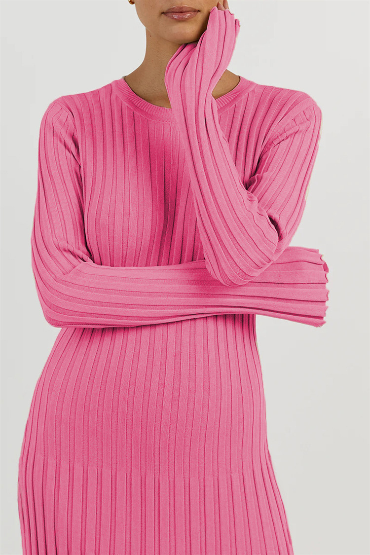 Long-sleeved round neck tight knitted long skirt 2023 new autumn sweater skirt pit solid color bottoming European and American dress