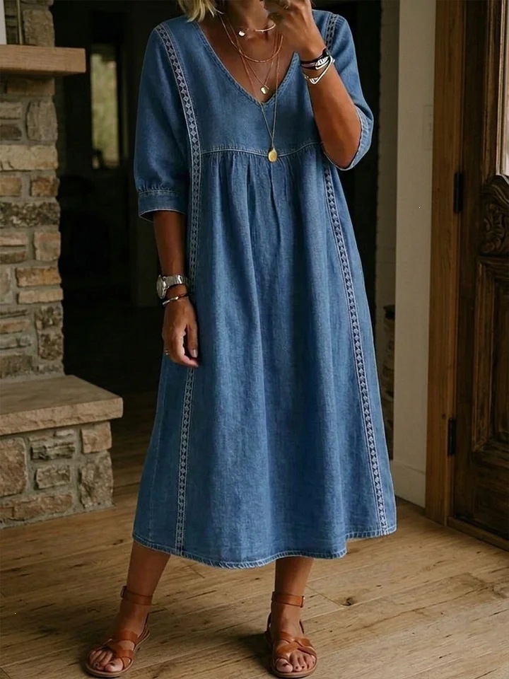 2026 Amazon New Summer European and American Style Cotton Linen V-neck Loose Fit Slimming Three-Quarter Sleeve Mid-Length Women's Dress - Image 8