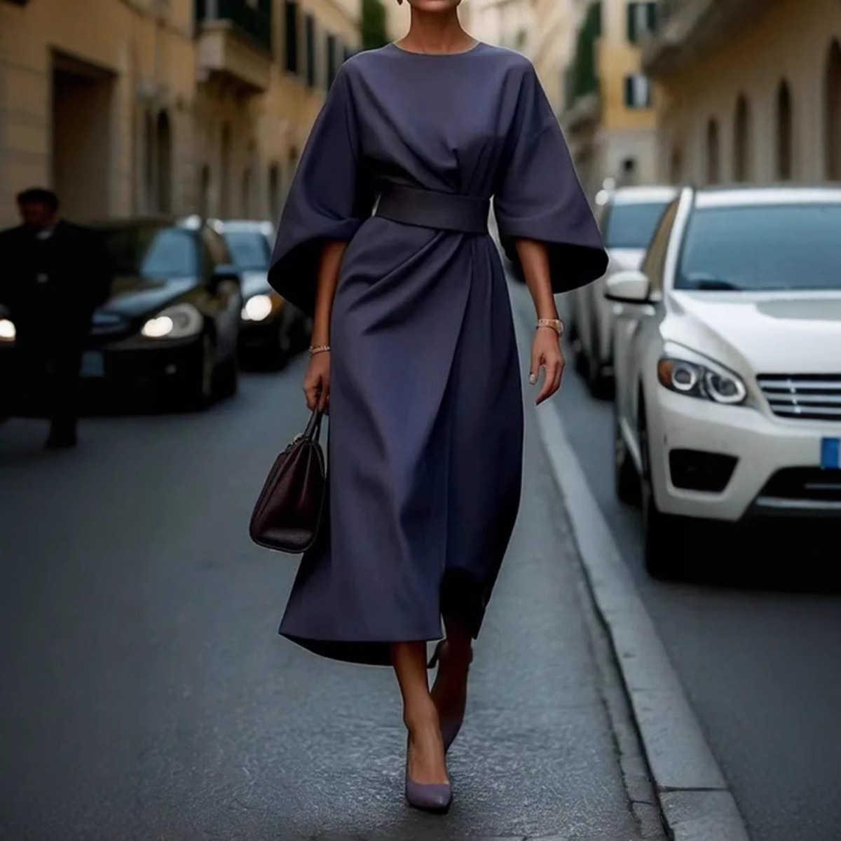 2025 Foreign Trade Women's Clothing, European and American Cross-border Fashion, Elegant Solid Color Waist-cinching Dress, Casual Batwing Sleeve Long Skirt - Image 2