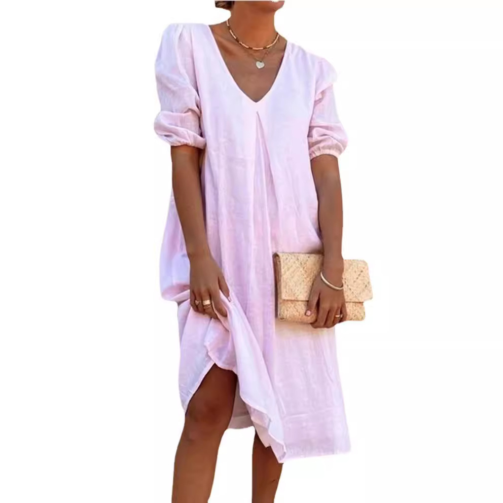 2024 Amazon Wish Cotton Linen Solid Color Mid-Length Sleeve Casual Mid-Length Dress, Elegant Commuter Style, Full Swing - Image 5