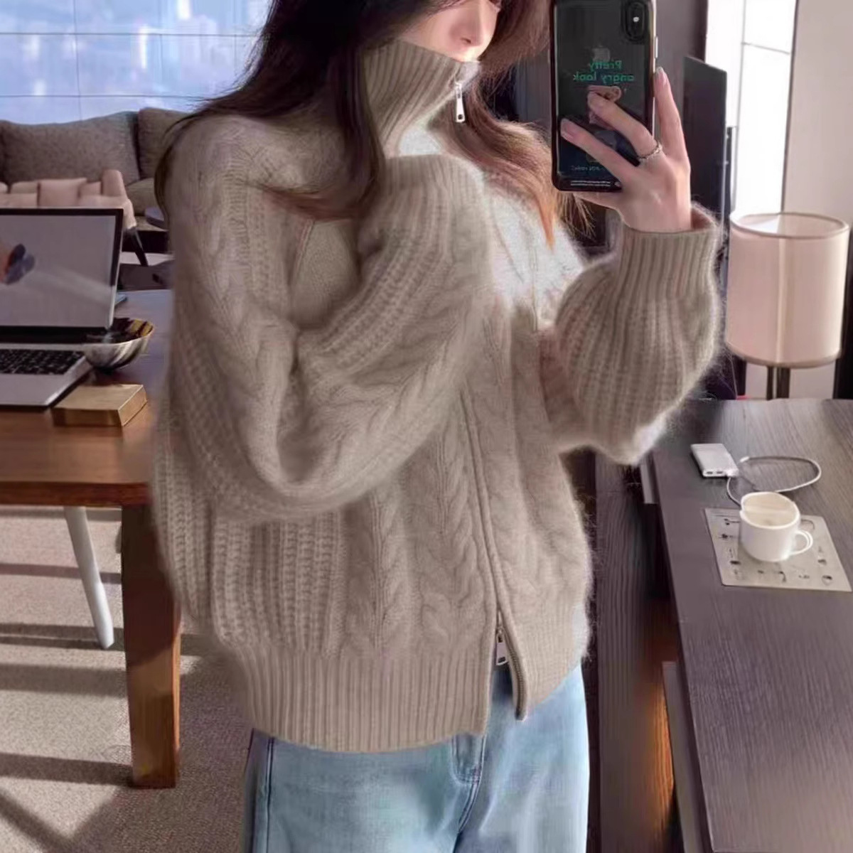 Autumn/Winter Zipper Cardigan Knit Thick Twisted Knit Loose Stand Collar Sweater 100% Wool Cardigan Coat - Image 2
