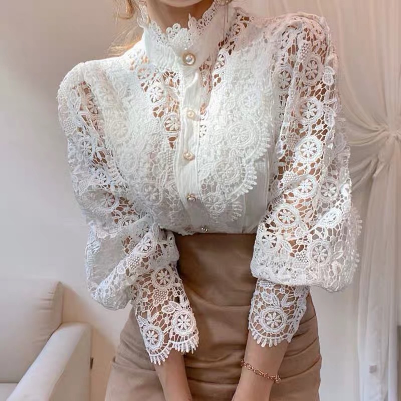 French Loose Chic Button Heavy Industry Lace Hollow Flower Stitching Long Sleeve Stand Collar Shirt - Image 4