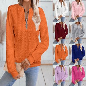 2024 Autumn/Winter Cross-Border Amazon European and American Foreign Trade New Casual Neck Zipper Long Sleeve Sweatshirt Women's T-Shirt