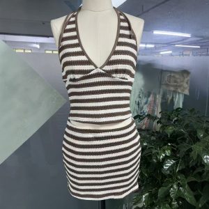 2025 New Striped Knitted Suspender Dress for Women, Summer Slim Fit French Style Short Skirt Fashion Two-Piece Set
