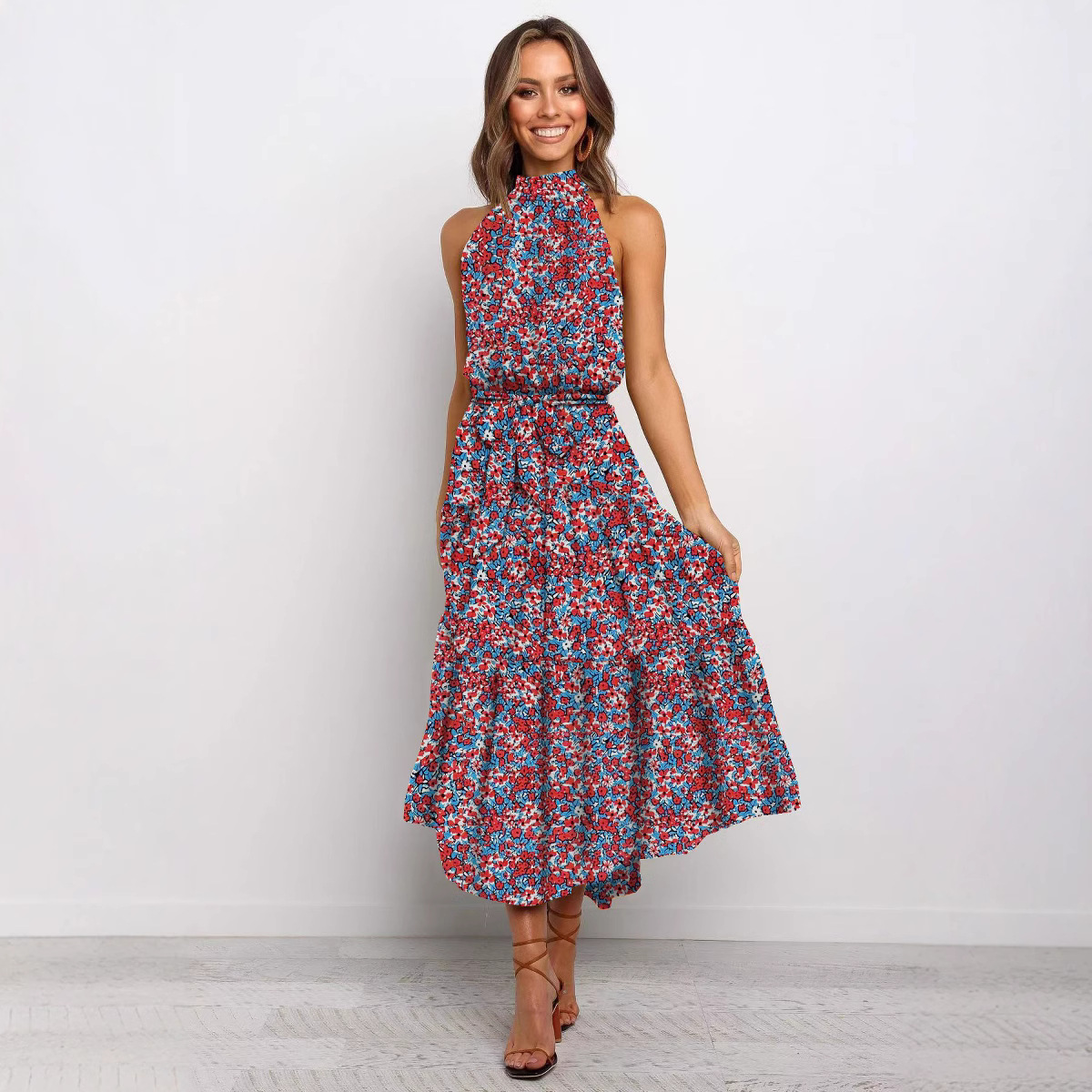 2025 European and American cross-border Amazon women's long skirt foreign trade hot-selling new halter neck polka dot print lace-up dress - Image 3