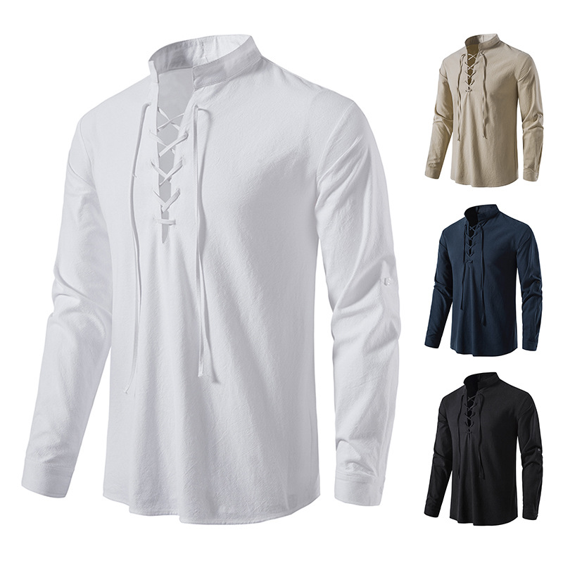 2023 Men's New Amazon Men's Cotton and Linen Henley Shirt Long Sleeve Hippie Casual Beach Stand Collar Shirt European Size - Image 7