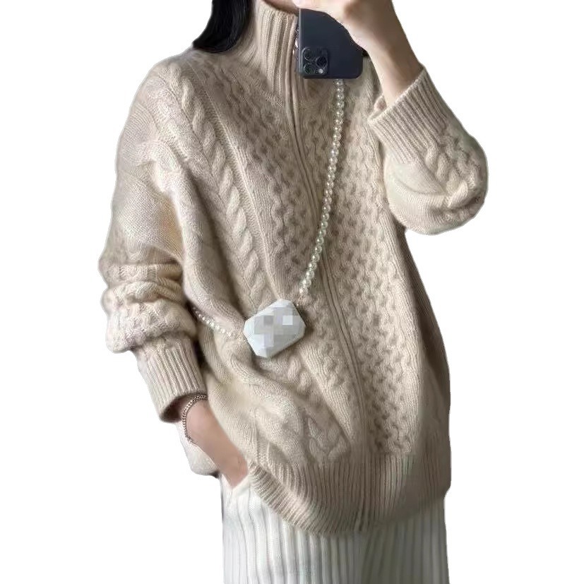 Factory direct wholesale heavyweight 100% wool cardigan, high neck, twisted knit, zipper, warm knitted wool cardigan for women, in stock. - Image 7