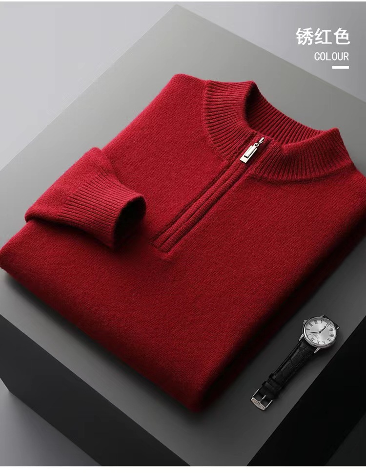 100% wool sweater men's half turtleneck zipper thickened bottoming sweater autumn and winter business casual solid color cashmere sweater - Image 8
