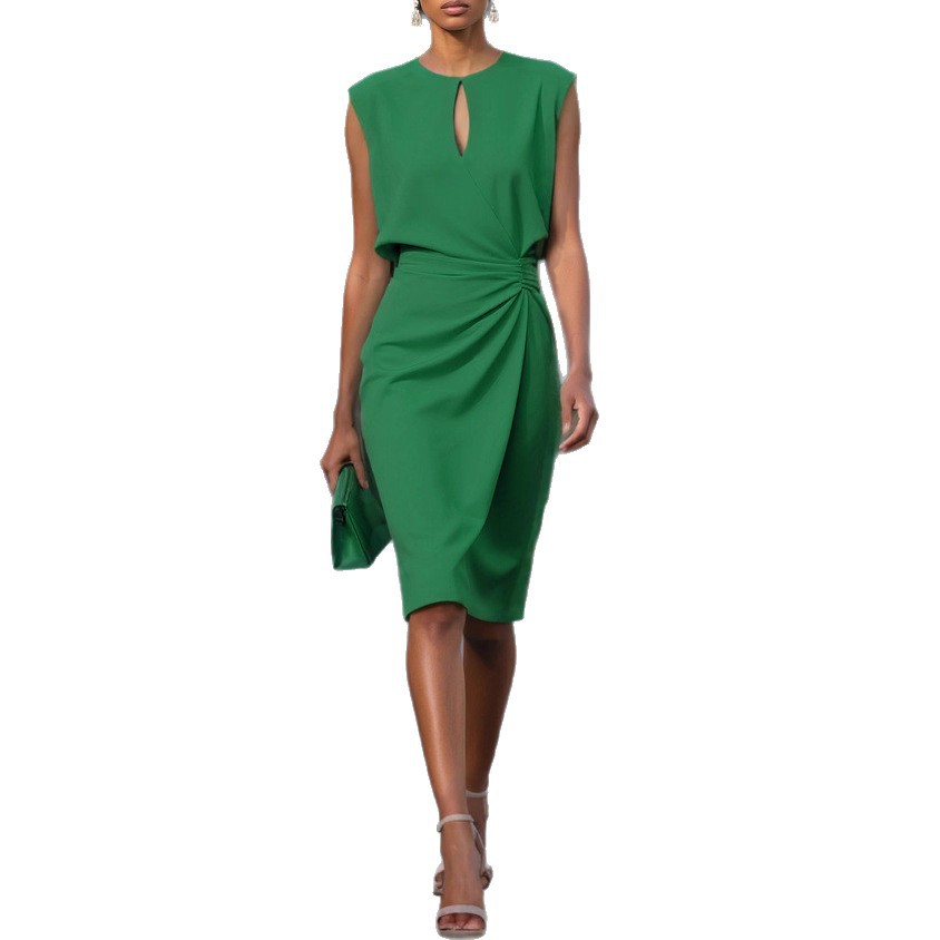 2025 European and American Women's Clothing Amazon Independent Website Retro Style Crossover Solid Color Knotted Round Neck Hollow Out Dress - Image 5