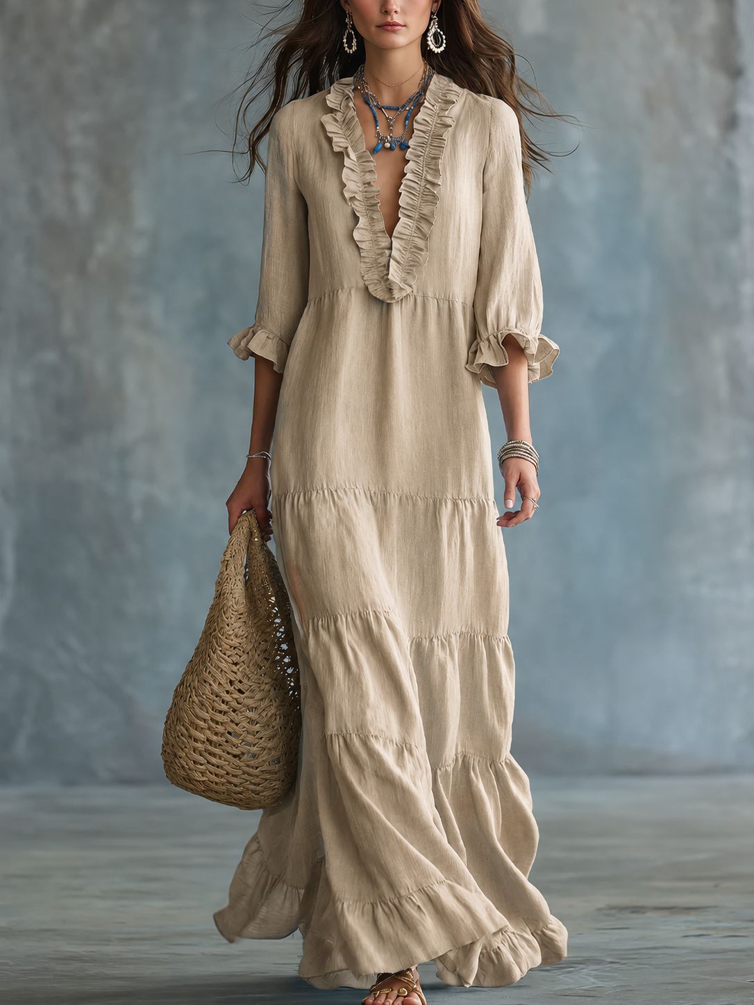 European and American cross-border Amazon TK women's bohemian V-neck layered casual flowy long ruffle dress - Image 6