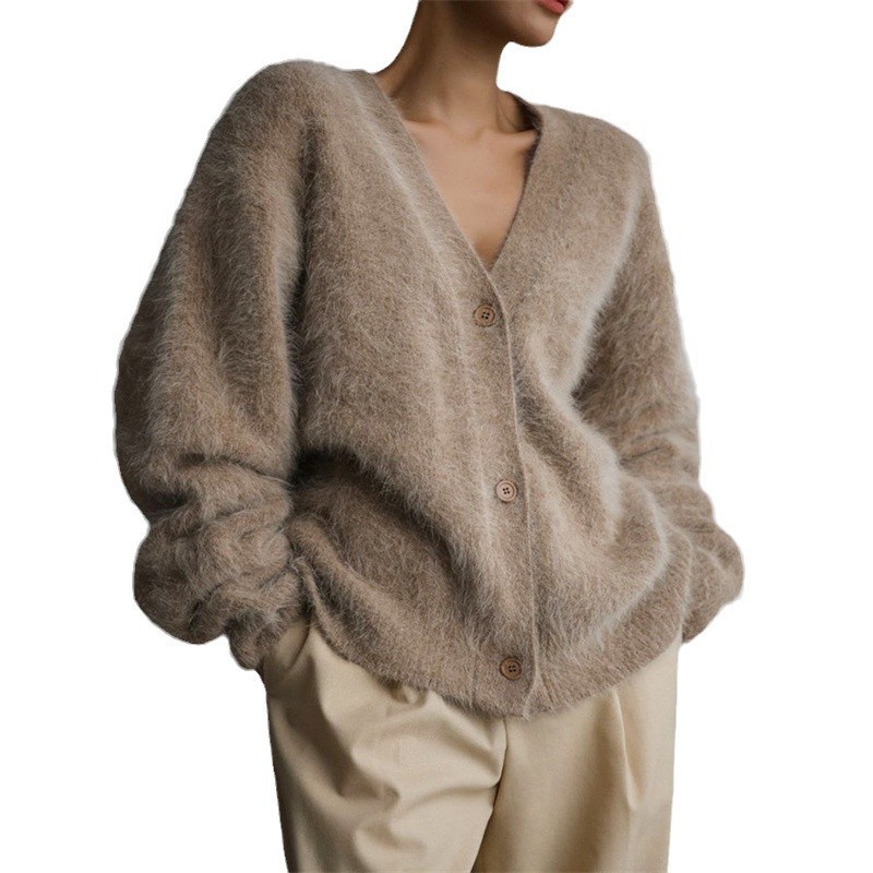 2025 Cross-border European and American Foreign Trade Faux Mink Fur Knitted Cardigan Women's Lazy Style Loose Soft V-neck Sweater Coat - Image 5