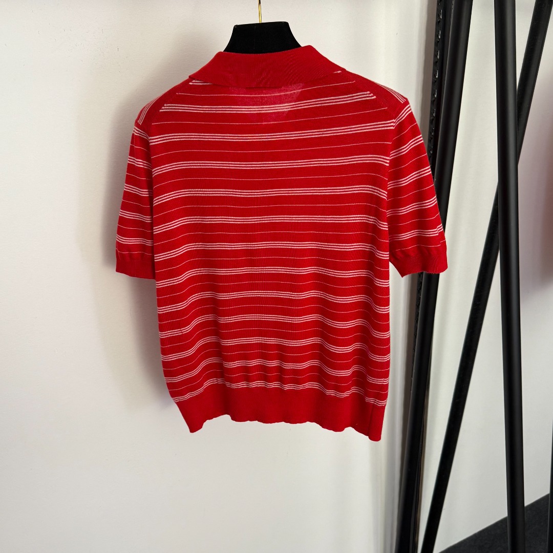 Nanyou High-End Foreign Trade Style Slim Fit Dopamine Style Letter Polo Collar Striped Short-Sleeve Wool Knit Top - Image 2