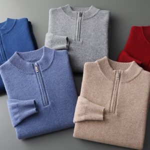 100% wool sweater men's half turtleneck zipper thickened bottoming sweater autumn and winter business casual solid color cashmere sweater