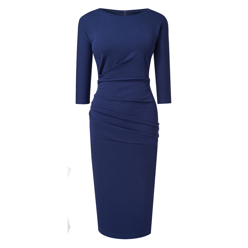 Amazon 2023 cross-border European and American autumn and winter new elegant women's pleated mid-waist round neck wrap hip professional dress - Image 2