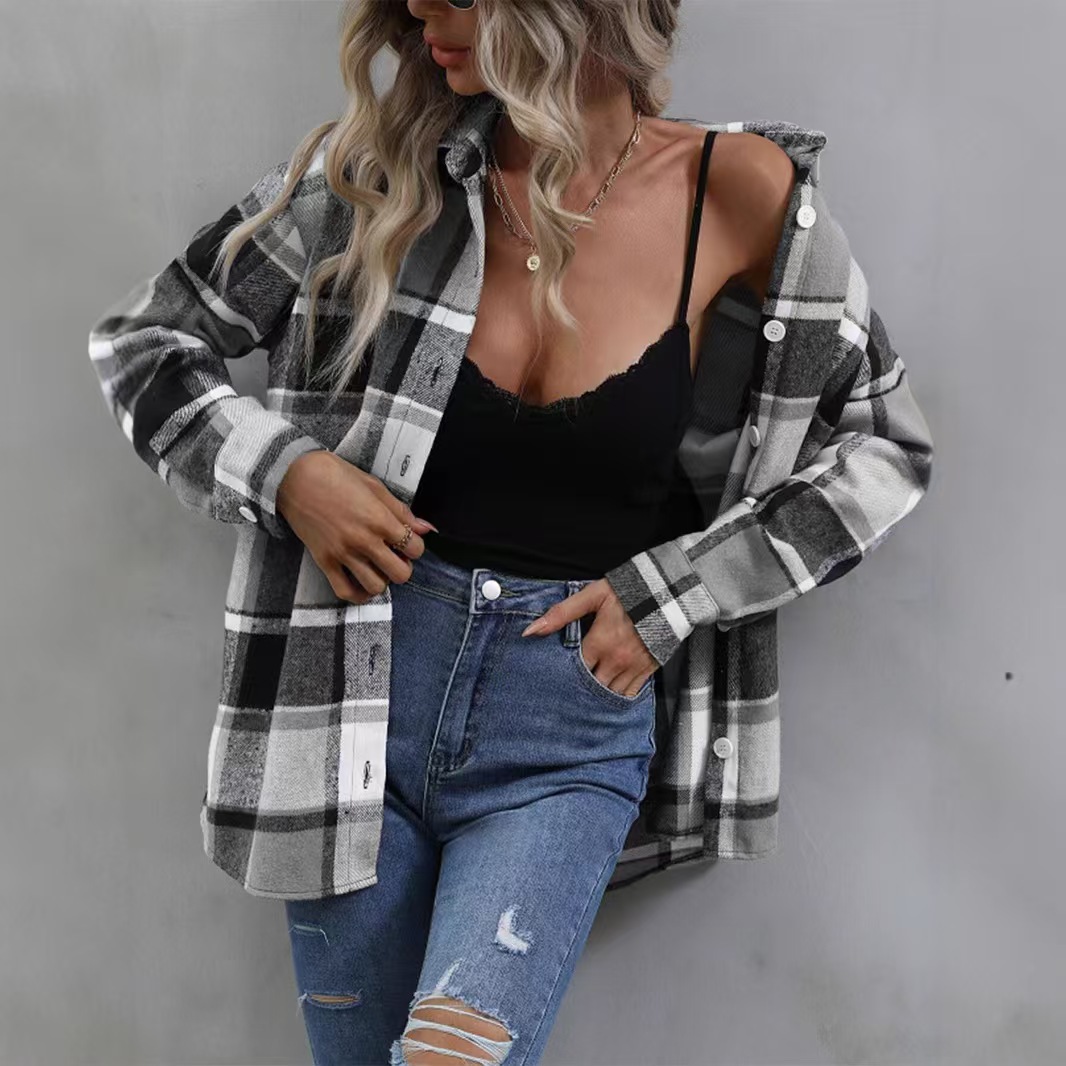 Amazon 2025 Spring and Autumn Cross-border Retro All-match Lapel Loose Shirt #Plaid Long Sleeve Pocket Women's Shirt - Image 3