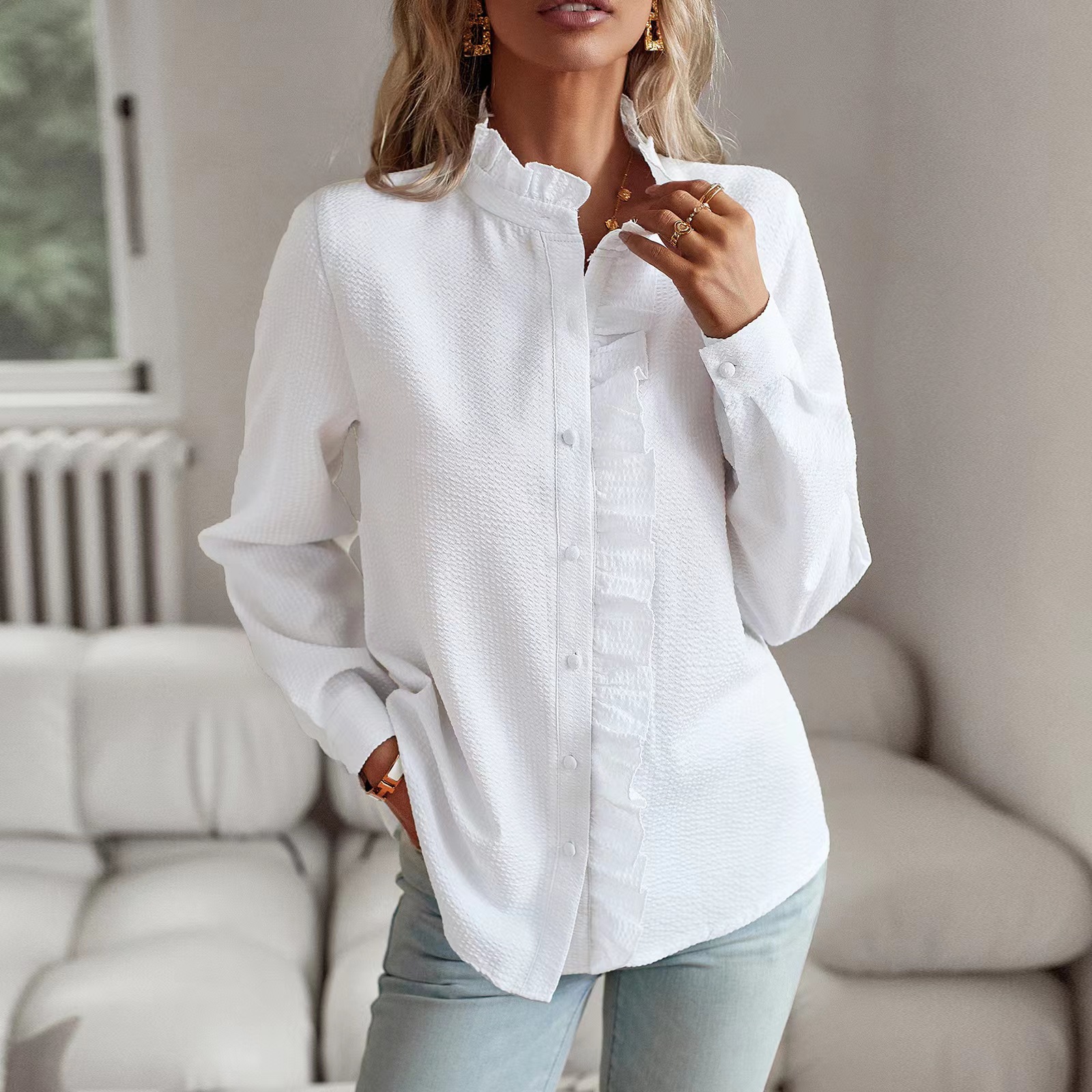 2025 New European and American Style Cross-border Stand Collar Autumn Ruffled Trim Cardigan Long Sleeve Bubble Top Women's Shirt - Image 6