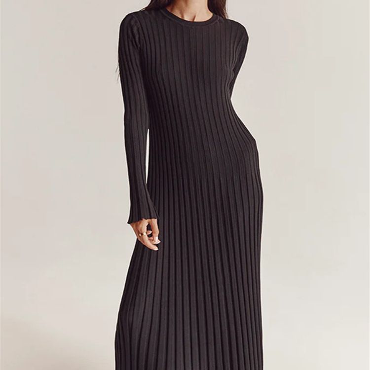 Long-sleeved round neck tight knitted long skirt 2023 new autumn sweater skirt pit solid color bottoming European and American dress - Image 2