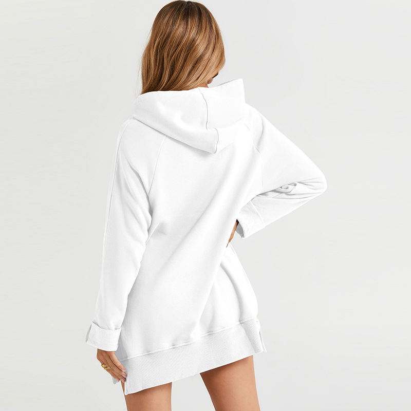 European and American fashion women's autumn and winter new solid color drawstring hooded sweatshirt women's mid-length loose slit top for women - Image 9