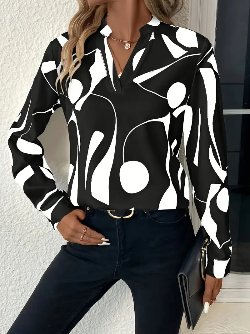 In-stock Amazon, European and American cross-border Wish foreign trade women's printed unsleeved collar shirt casual long-sleeved shirt top - Image 7