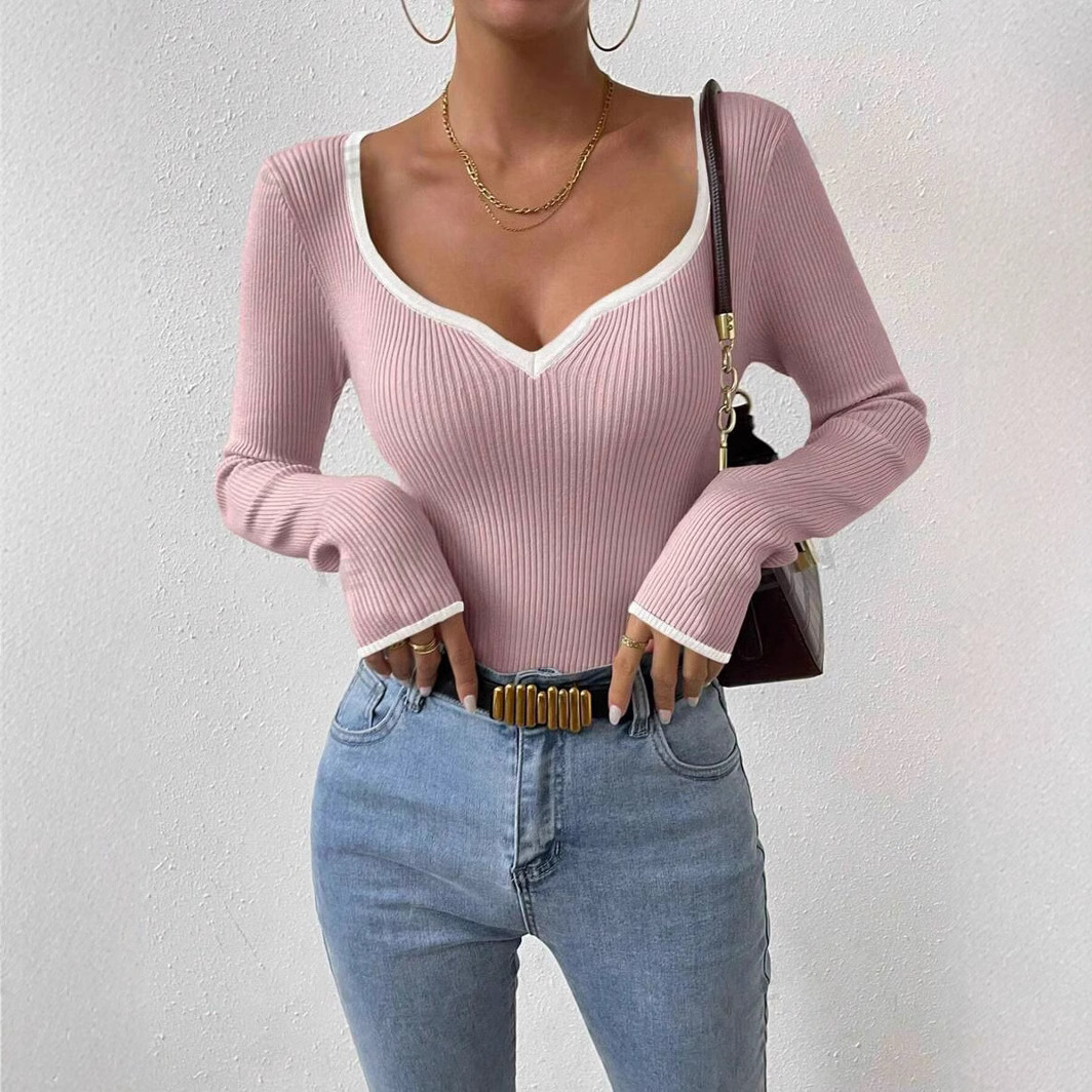 New European and American style V-neck striped knit base layer top, slim fit, sexy solid color, fashionable and versatile women's sweater. - Image 4