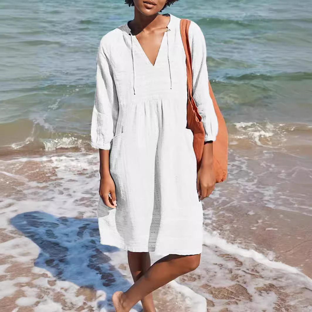 2023 Spring European and American New Jacquard Cotton and Linen Dress Amazon Hot Item V-neck Casual Loose Pocket Dress - Image 3
