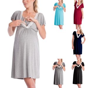 2018 European and American popular fashion lace patchwork short-sleeved multifunctional maternity nursing dress/pajamas