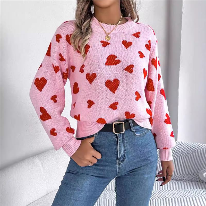 Real shot of 2025 Fall/Winter casual color-blocked heart lantern sleeve pullover sweater, Amazon cross-border Valentine's Day women's clothing. - Image 2