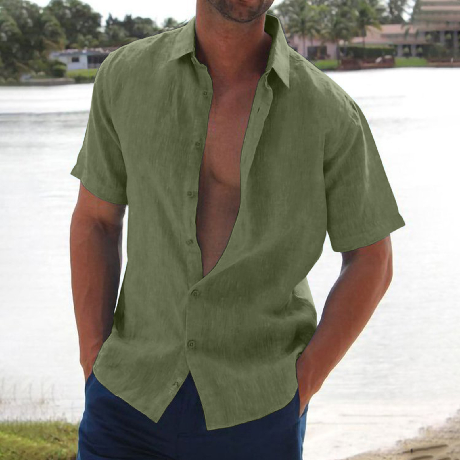 2022 Amazon ebay AliExpress Summer lapel solid color short-sleeved men's linen shirt men's clothing - Image 2