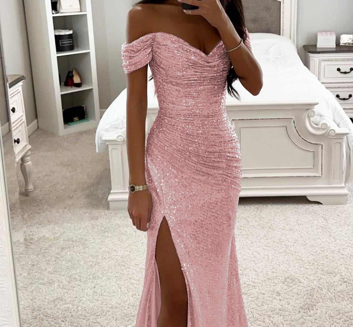 Cross-border 2025 European and American new style party sequined off-shoulder slit dress, INS casual fashion dress for women. - Image 9