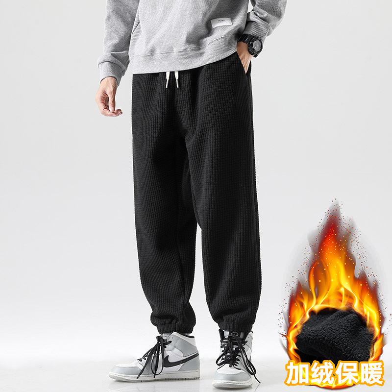 Guochao men's fleece straight-legged trousers middle-aged and young men's warm sports pants waffle thick elastic trousers tide - Image 2